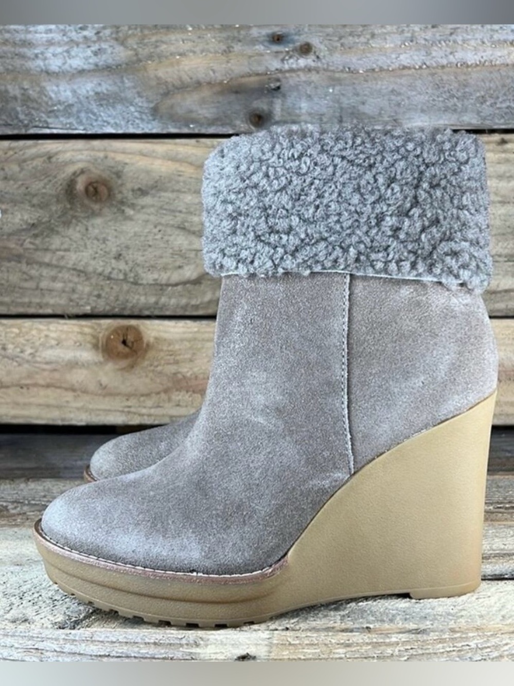 BNWOB Lauren RL Steph Shearling Suede Wedge Ankle Boots - Taupe Size 6